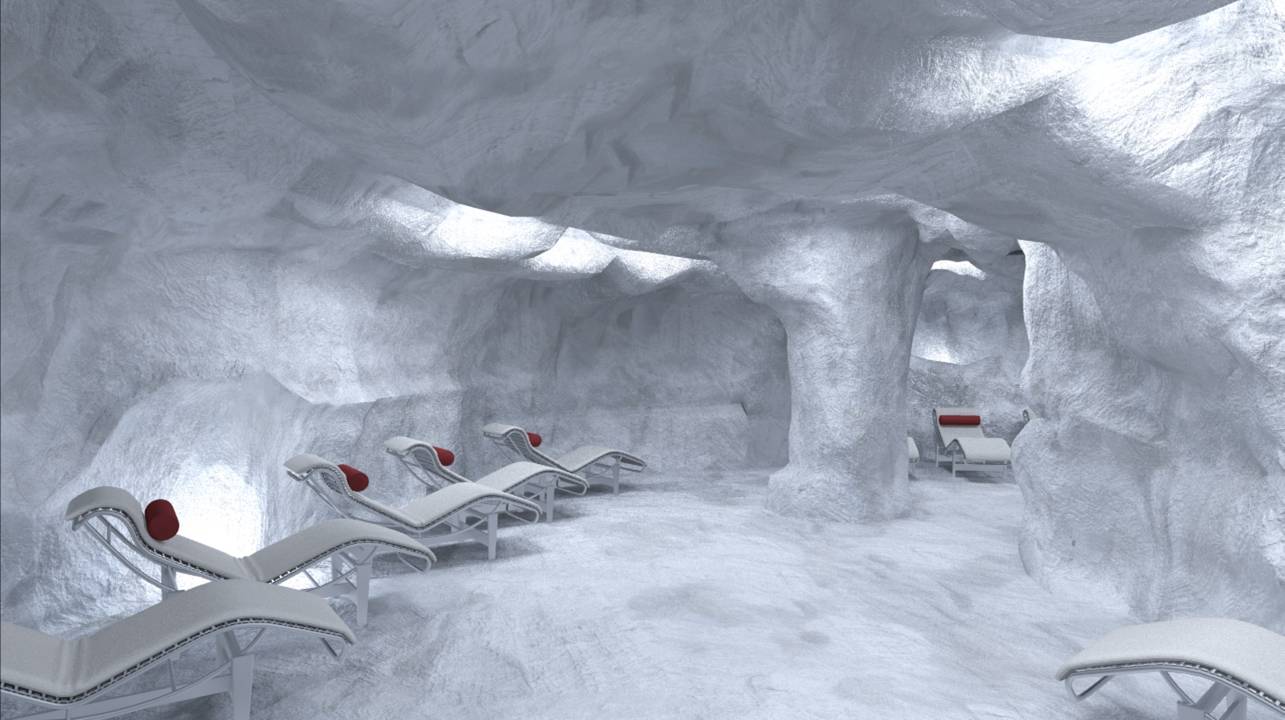 Salt cave-themed room with salt encrusted walls